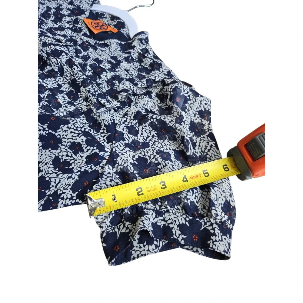 Tory Burch Navy Orange Floral Silk Button Down Mandarin Collar Blouse Size 4